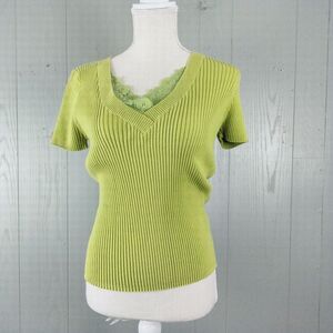 Vintage 90s‎ Ribbed Sweater Short Sleeve Womens Large V Neck Green Slim Fit Lace
